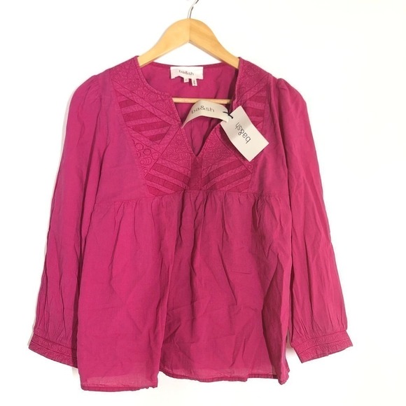 ba&sh Ilo Top 3/4 Sleeve Split Neck Embroidered Bib Fuchsia Pink NWT Size XS - Picture 5 of 13